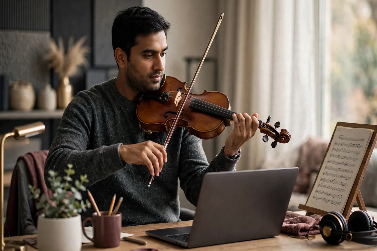 Student learning violin through an online music lesson