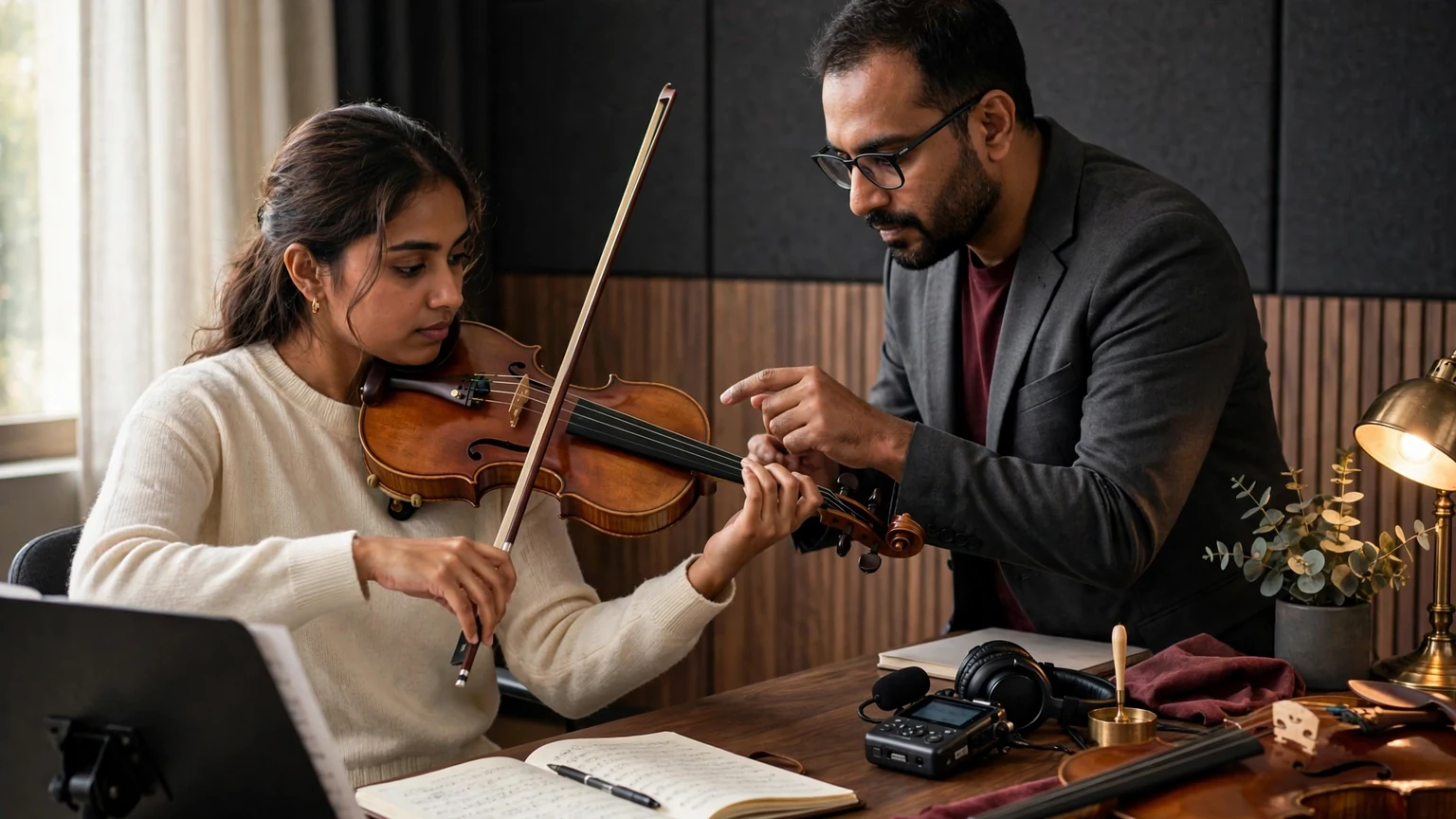 Violin teacher guiding a student during a lesson in Mumbai