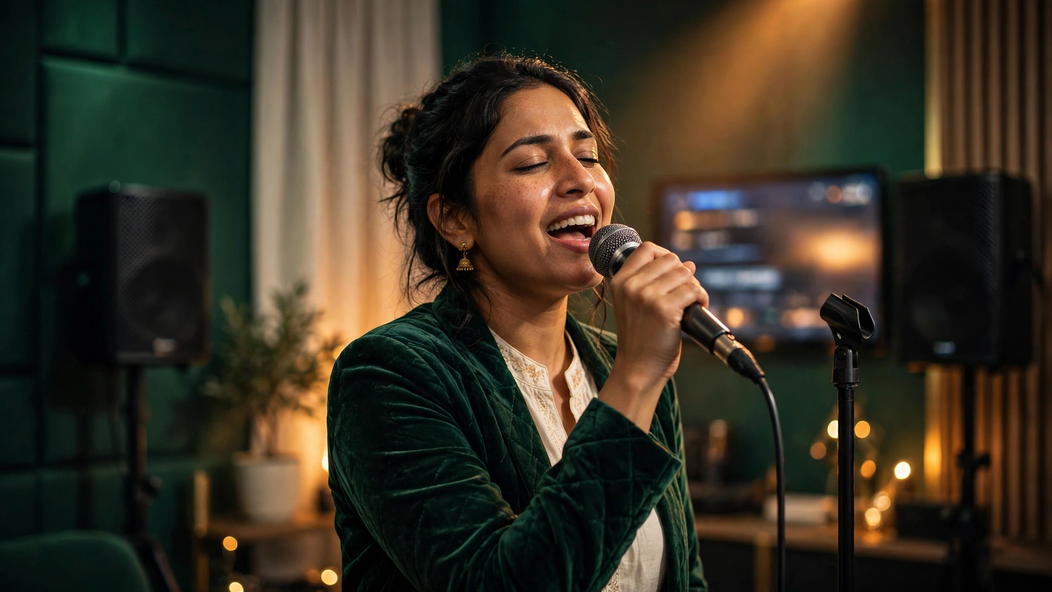 Professional singer performing karaoke with a microphone