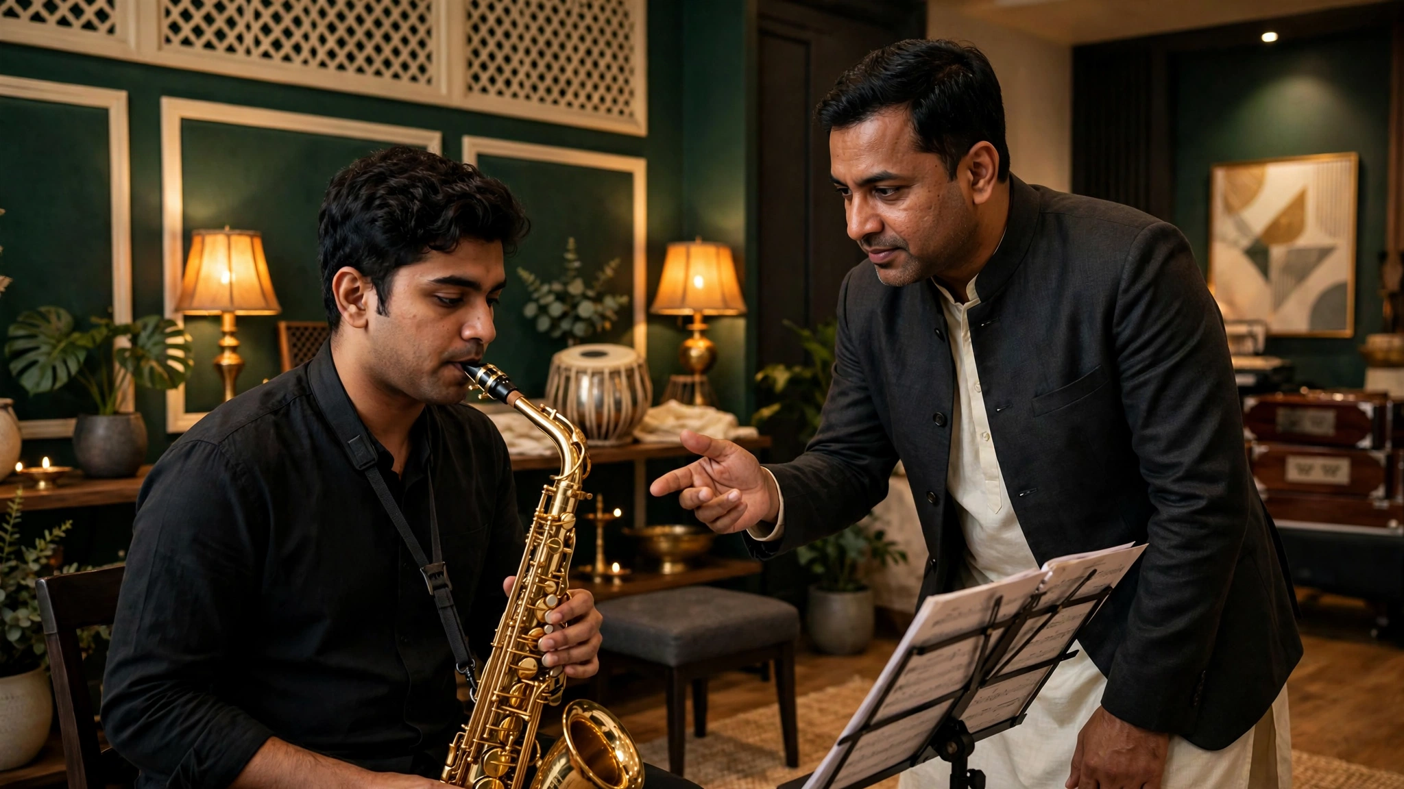 Alto saxophone player performing in a live music setting