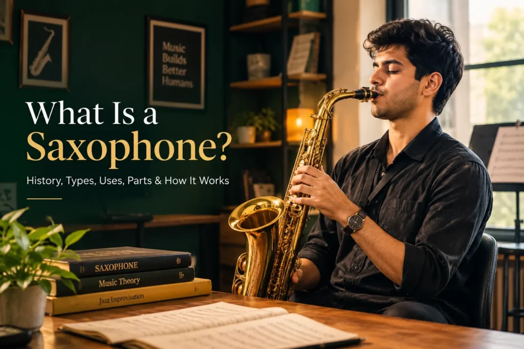Saxophone instrument with musician learning and practising in a music studio