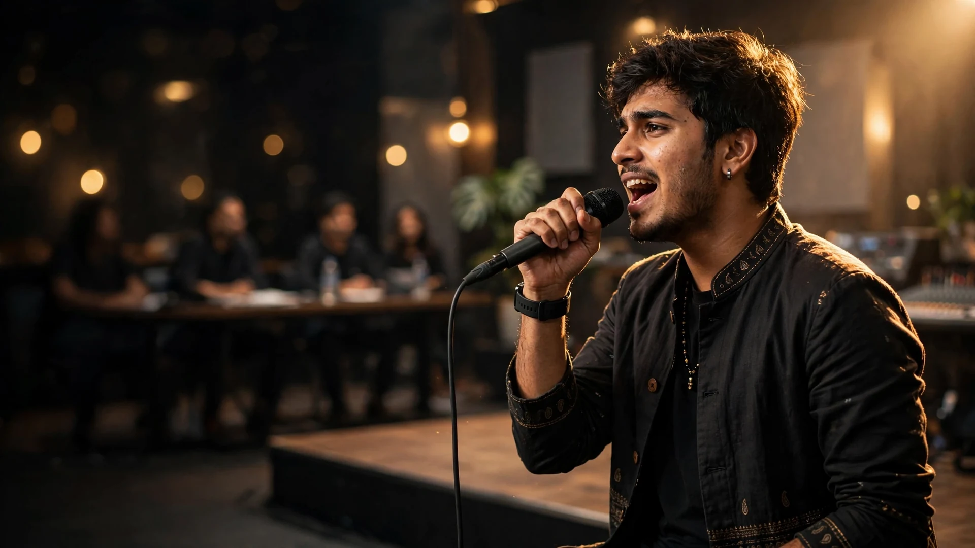 Singer practising stage confidence and performance for a singing reality show audition