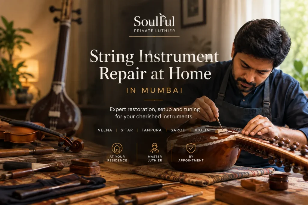 Professional luthier repairing a classical string instrument at home in Mumbai