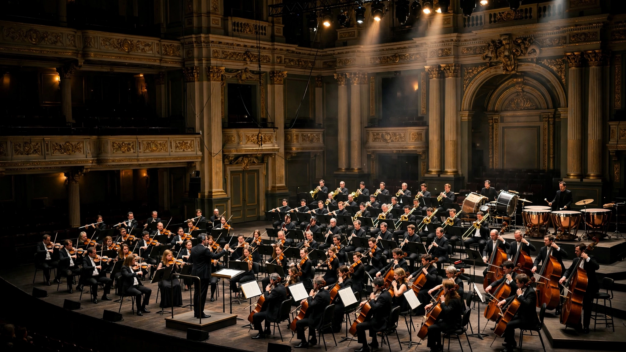 Symphony orchestra performing at a large-scale entertainment event