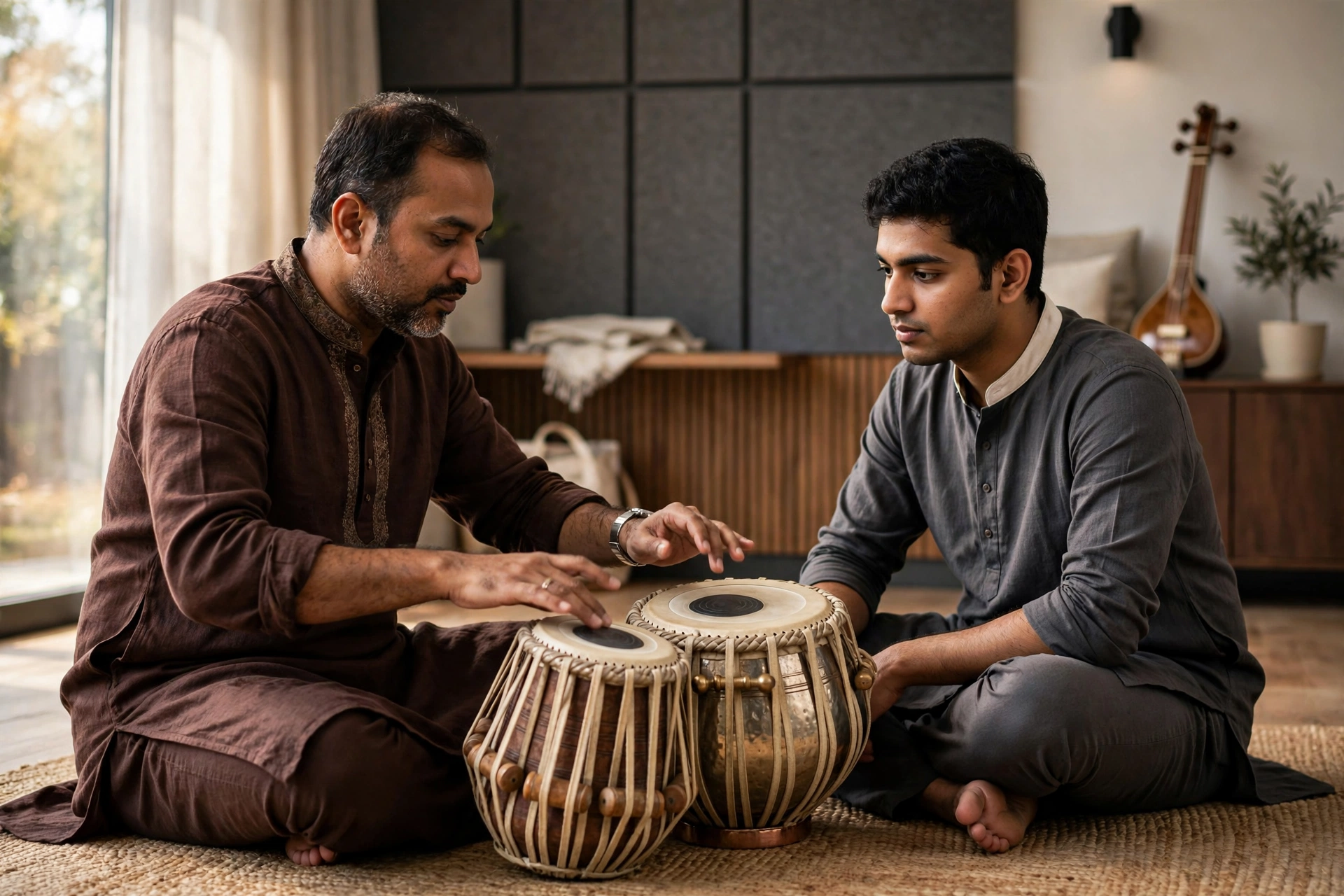 Tabla teacher guiding a student during a structured Tabla lesson in India