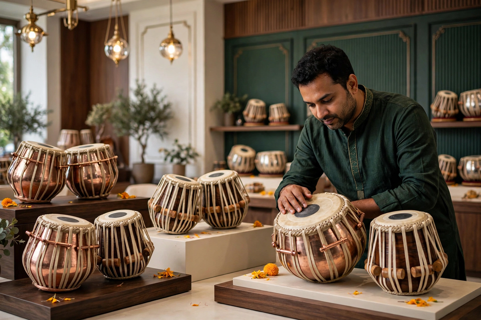 Tabla instruments displayed in a professional music store