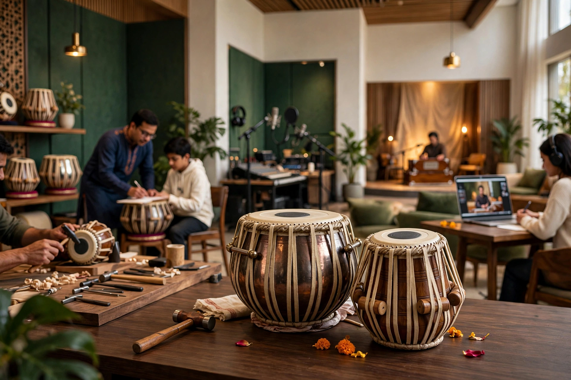 Tabla surrounded by learning, music production, performance and instrument services