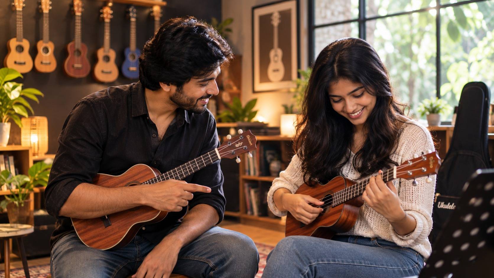Ukulele lesson for a beginner student with teacher guidance