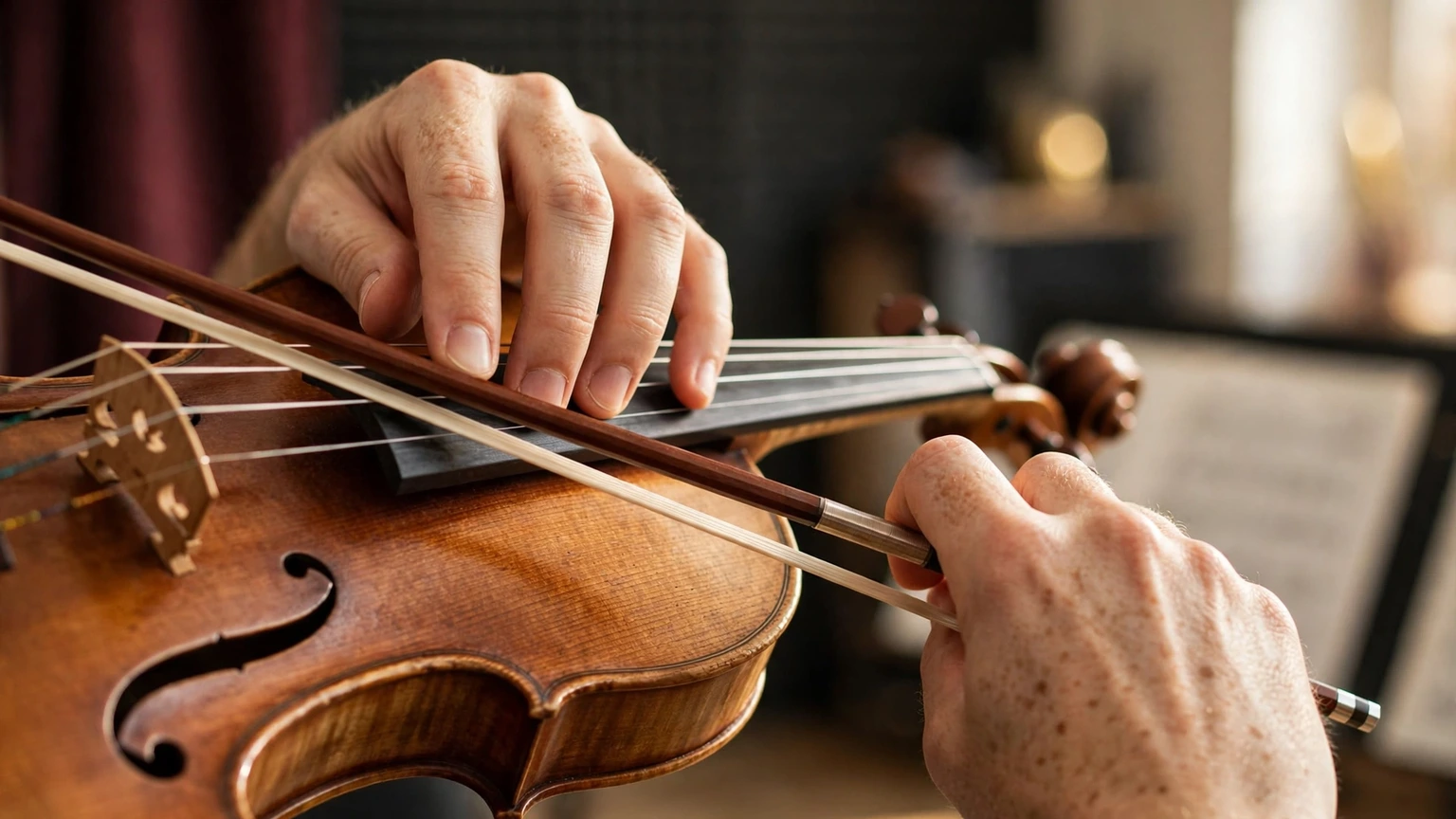Violin practice focused on bowing, finger placement and technique