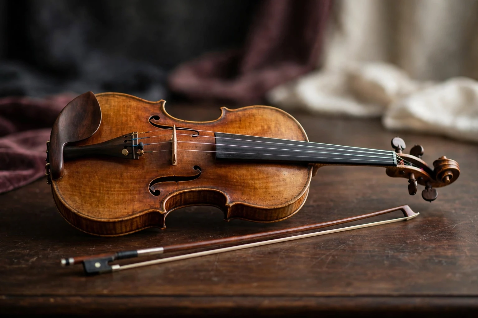 Violin parts including body, bridge, strings, tailpiece and bow
