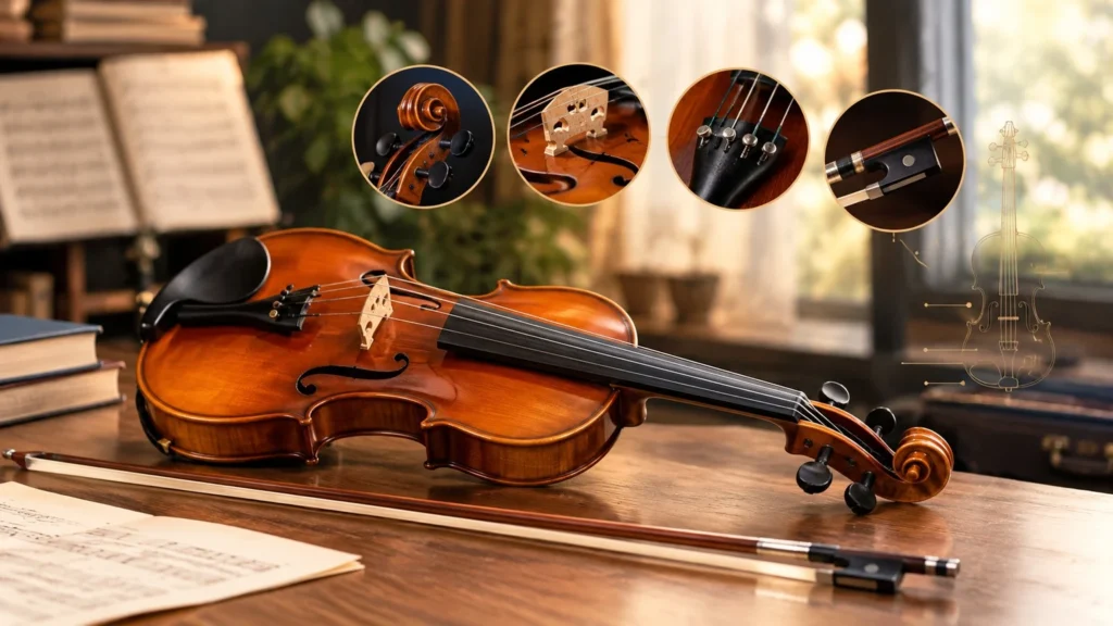 What is violin showing violin parts, strings and bow