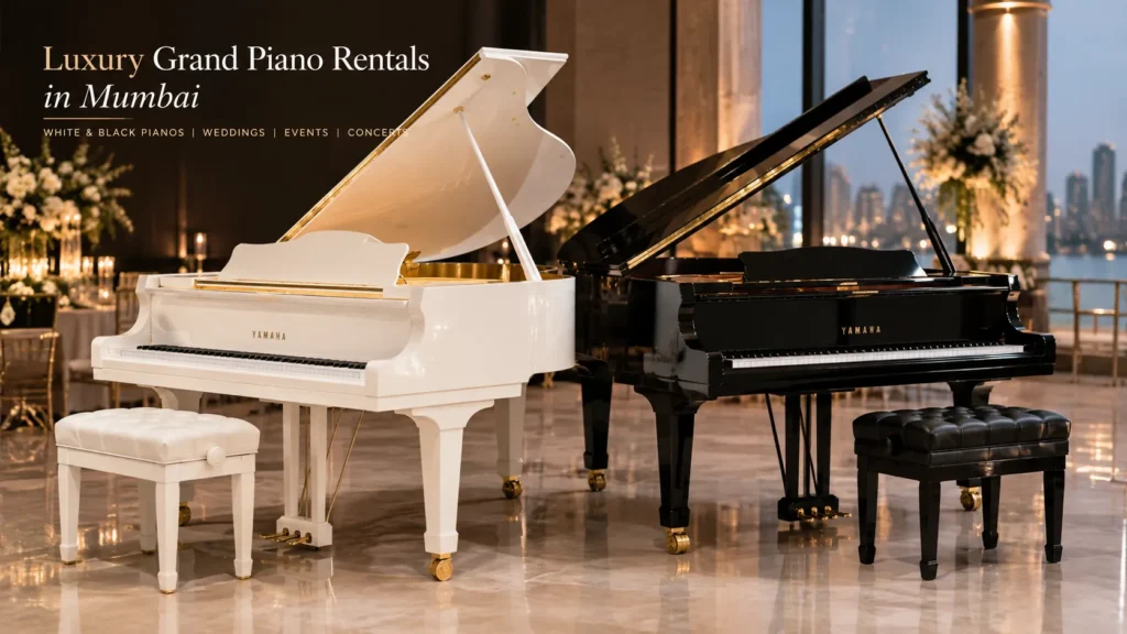 White and black grand piano rental in Mumbai for luxury events