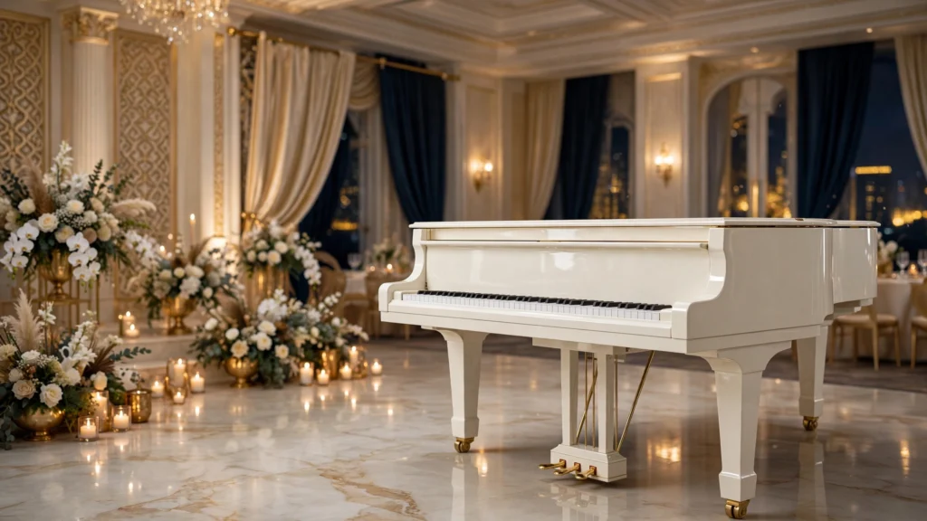 White grand piano rental for luxury events in Mumbai
