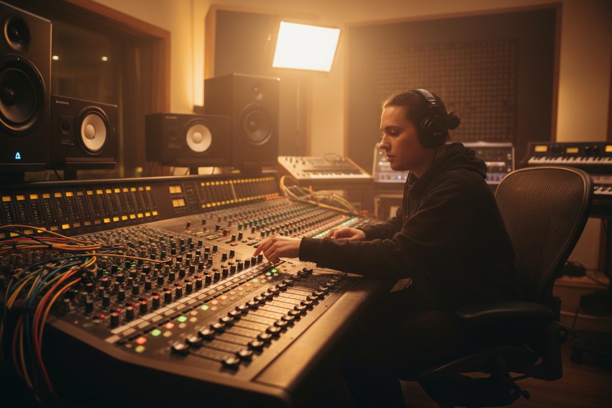 Audio engineer working with recording and mixing equipment in a studio