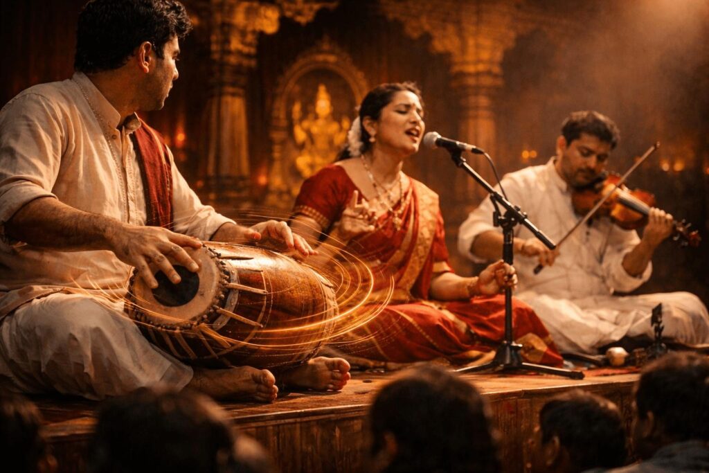 Carnatic classical vocalist practising with a traditional Indian musical instrument