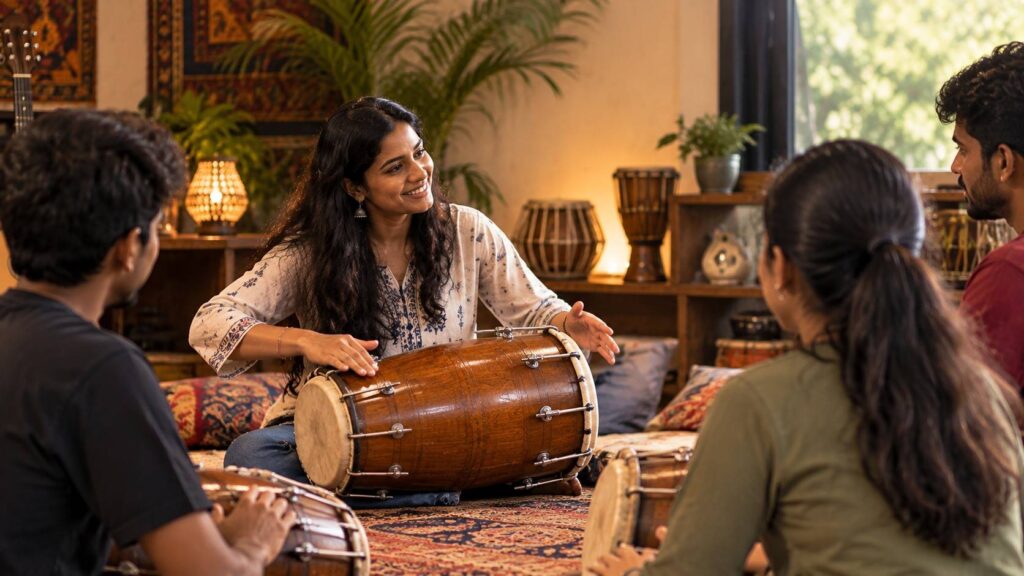 Dholki classes in Mumbai with a student learning Indian percussion