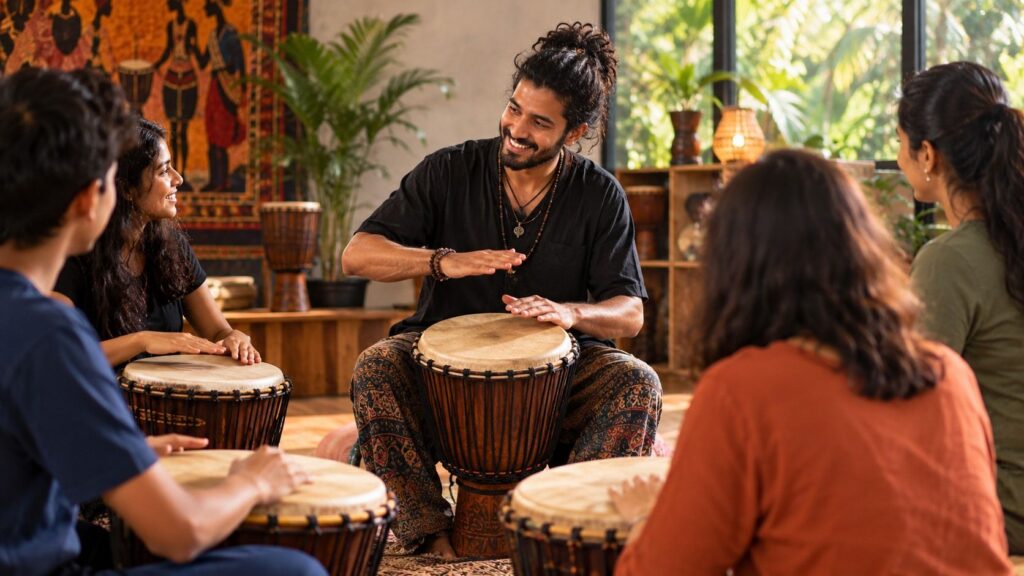 Djembe classes in Mumbai with a student learning African drum rhythms