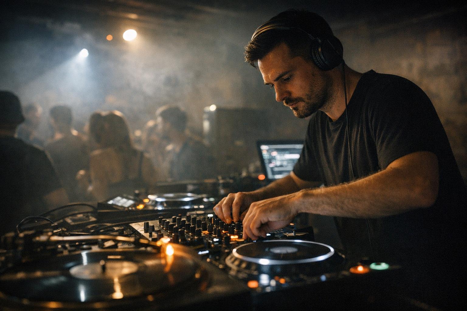 DJ using equipment to practise beatmatching and prepare a live music performance