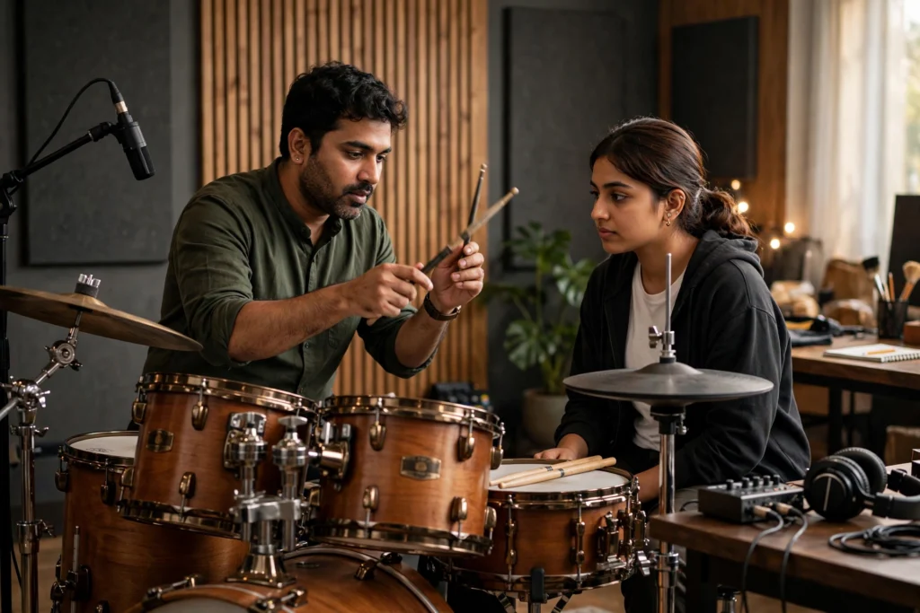 Drum classes in Mumbai with student learning from a professional drum teacher