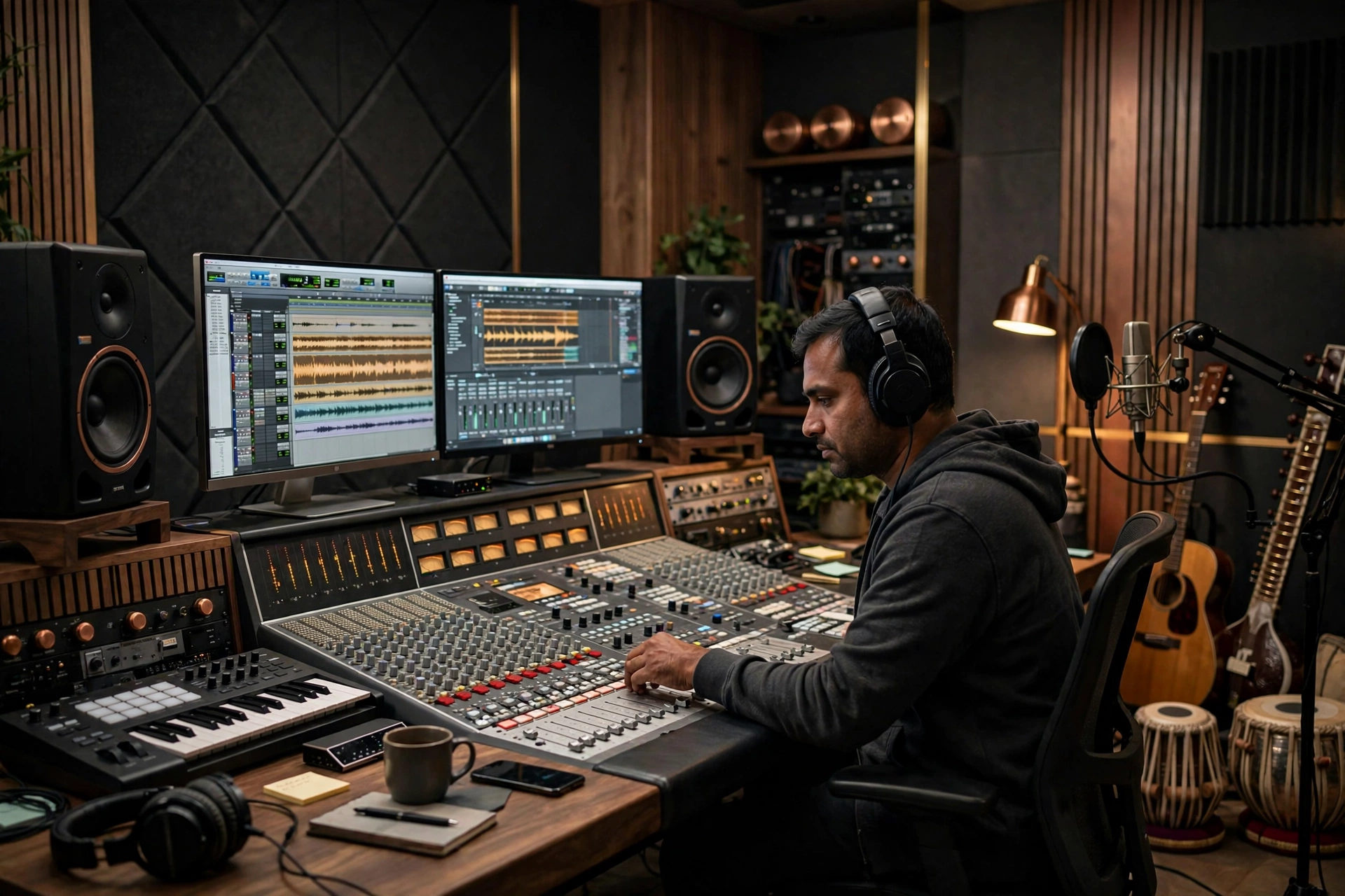 Music mixing console and production equipment in a recording studio