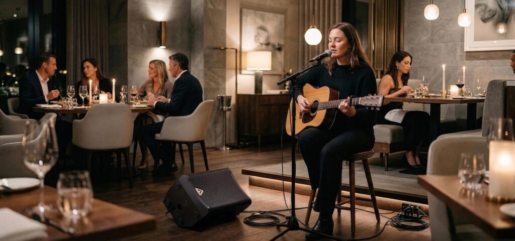 Singer playing acoustic guitar and singing at a live event